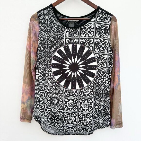 Desigual Women's Long Sleeve Geometric Print Top Sheer Floral Sleeves Size Small - Picture 1 of 16